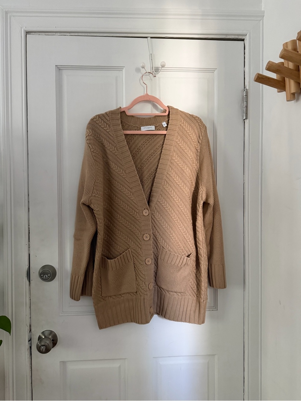 Oversized 100% Wool Tan Button-Front Knit Cardigan